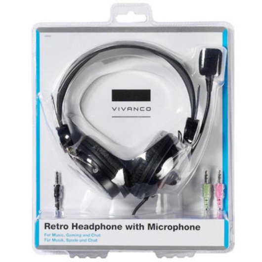 Vivanco 36652 Headset com Cabo, Microfone e Design Retro Preto/Prateado