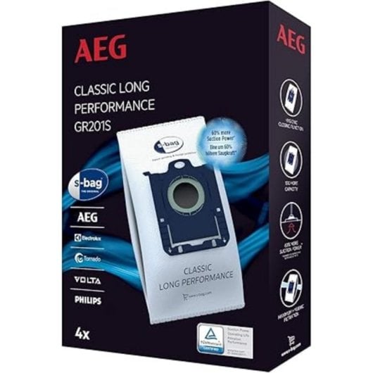 AEG GR201S S-Bag Classic Long Performance Sac à Poussière 4 pièces Bleu Blanc