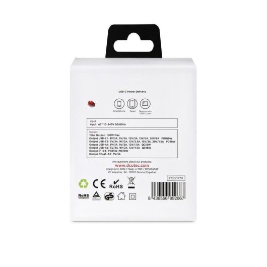 Cargador GaN DCU Advance Tecnologic 4 Puertos 100W Power Delivery QC 18W Blanco