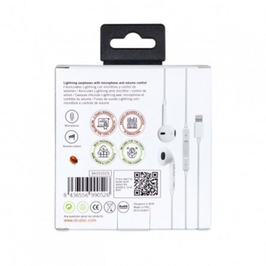 Auriculares DCU con cable compatibles Apple con micrófono y control de volumen en blanco