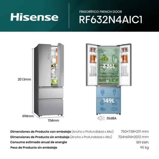 Frigorífico Hisense Puerta Francesa 485L C Plata Acero Inoxidable Pantalla LED