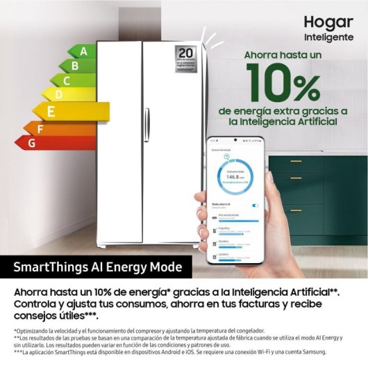 Frigorífico Samsung Americano 178cm 621L Clase E Inox AI Display 2 Puertas WiFi Dispensador