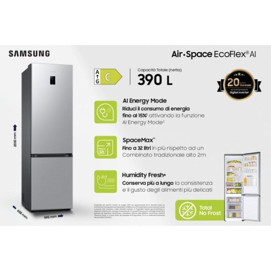 Frigorífico Samsung Combi No Frost 203cm 390L C Inox Digital Inverter SpaceMax