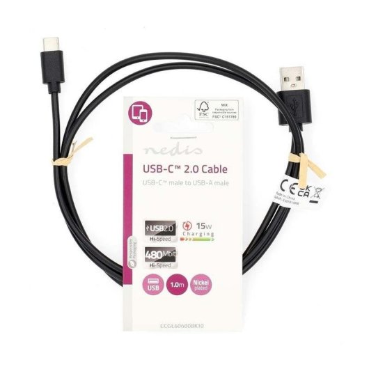 Câble USB Nedis CCGL60600BK10 1 m USB-A vers USB-C 2.0 Noir