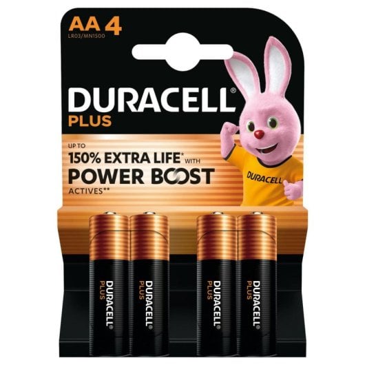 Batería Duracell Plus AA Alcalina 1,5V Pack 4 piezas Negro Oro