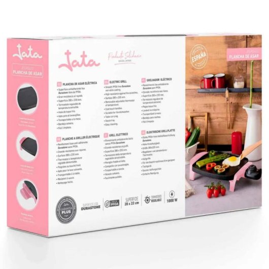 Plancha de asar JATA JEGR5522 Superficie Durastone 1000W 280x220mm Rosa Antiadherente