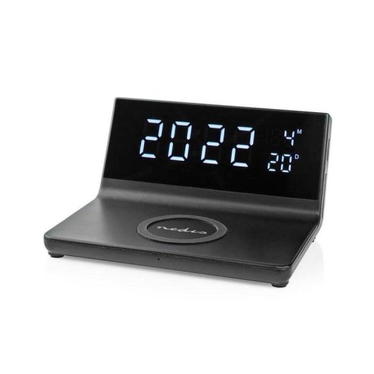 Nedis WCACQ20BK Digitaler Wecker mit Qi-Ladestation 15W, Dual-Alarm, USB-A, LCD, Schwarz