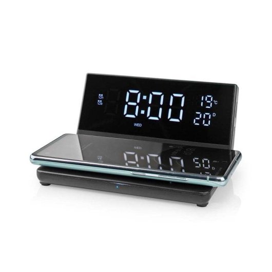 Nedis WCACQ20BK Digitaler Wecker mit Qi-Ladestation 15W, Dual-Alarm, USB-A, LCD, Schwarz