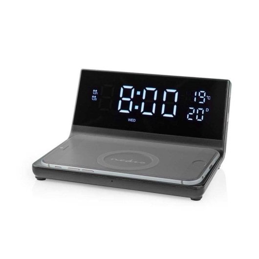 Nedis WCACQ20BK Digitaler Wecker mit Qi-Ladestation 15W, Dual-Alarm, USB-A, LCD, Schwarz