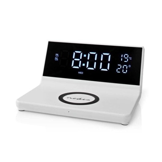 Reloj despertador digital Nedis WCACQ20WT Blanco carga inalámbrica Qi 15W doble alarma USB-A