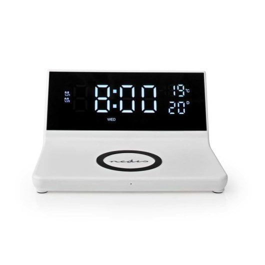 Reloj despertador digital Nedis WCACQ20WT Blanco carga inalámbrica Qi 15W doble alarma USB-A