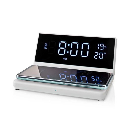 Reloj despertador digital Nedis WCACQ20WT Blanco carga inalámbrica Qi 15W doble alarma USB-A