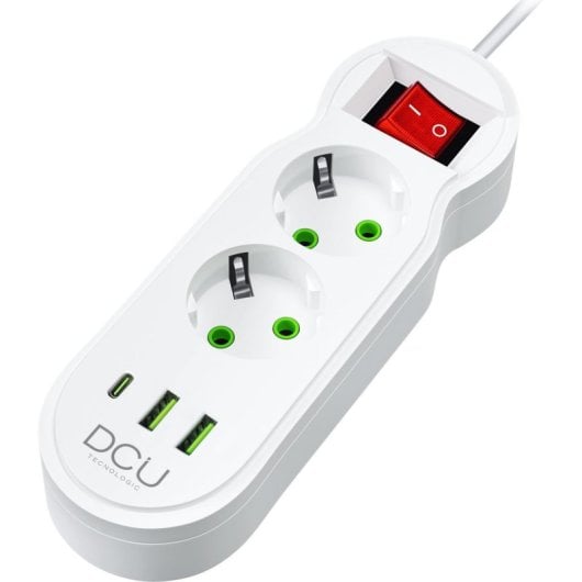 DCU Advance Tecnologic 37400102 Régua 2500W com 2x Tomadas, 2x USB-A, 1x USB-C, Cabo 2m e Proteção Infantil Branca
