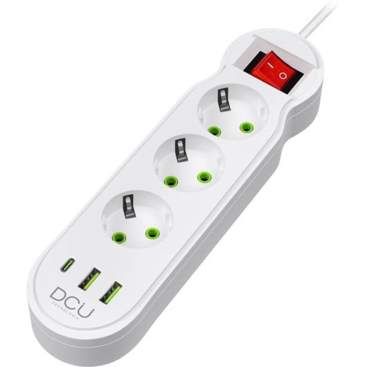 DCU Advance Tecnologic 37400103 Régua com 3x Schuko, USB-C, 2x USB-A, Proteção e Cabo 2m