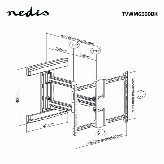 Soporte de pared TV Nedis TVWM6550BK 37-80" giro 180° inclinación 15° carga 50kg negro