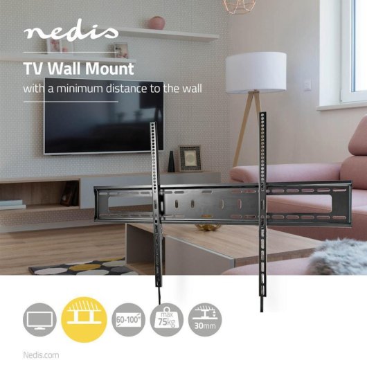 Soporte TV Nedis TVWM2070BK hasta 100", VESA 900x600, 75kg, Nivel Burbuja, Negro