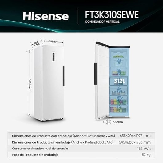 Congelador Hisense FT3K310SEWE 312L Bottom Vent Door 90º Kitchen Fit No Frost E Blanco
