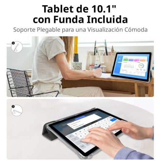 Pritom Touch 10" Tablet 4GB+4GB Boost/64GB con custodia 6000mAh WiFi 6 Android 15 Grigio