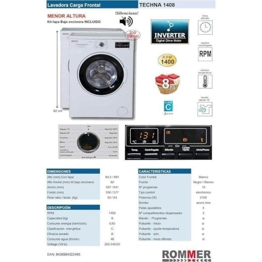 Lavadora Rommer Galactic A1408 Carga Frontal 8 kg 1400 rpm A Blanca Panel Electrónico