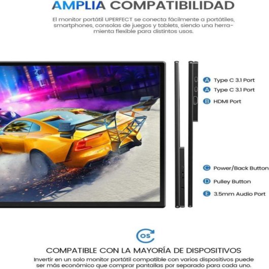 Monitor portátil táctil 21,5" 120Hz Gran Pantalla Ultra Fluida Multiconexión Universal
