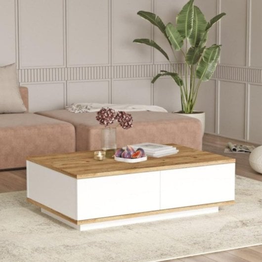 Mesa de centro Catalina diseño moderno, aglomerado 18mm, 2 puertas abatibles blanco/madera