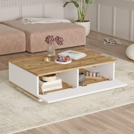 Mesa de centro Catalina diseño moderno, aglomerado 18mm, 2 puertas abatibles blanco/madera