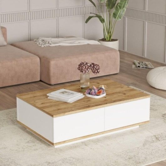 Mesa de centro Catalina diseño moderno, aglomerado 18mm, 2 puertas abatibles blanco/madera