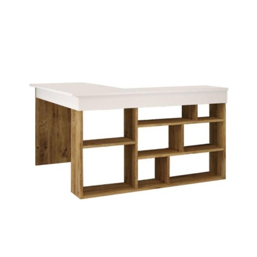 Escritorio Bihar L MDF PVC 8 Compartimentos Estantes Amplio Espacio Natural
