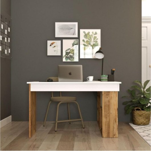 Escritorio Bihar L MDF PVC 8 Compartimentos Estantes Amplio Espacio Natural