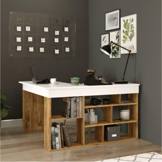 Escritorio Bihar L MDF PVC 8 Compartimentos Estantes Amplio Espacio Natural