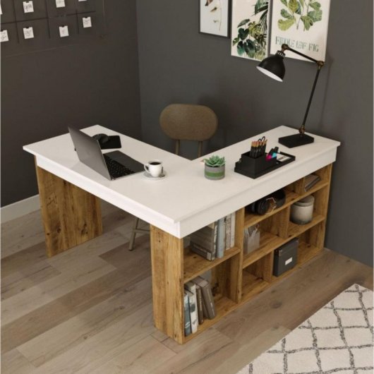 Escritorio Bihar L MDF PVC 8 Compartimentos Estantes Amplio Espacio Natural