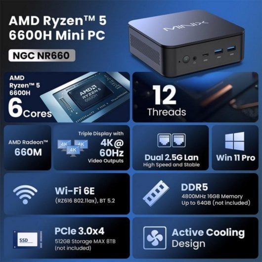 MINIX NR660 MiniPC AMD Ryzen 5 6600H 16GB DDR5 512GB SSD Wi-Fi 6E Windows 11 Pro