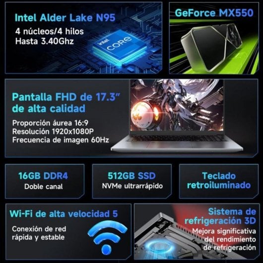 Portátil DU71 Intel Core N95 16GB 512GB SSD NVIDIA GeForce MX550 17.3" FHD Gris