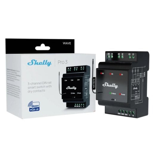 Relé inteligente Shelly Wave PRO 3 preto 3 canais com montagem em trilho DIN