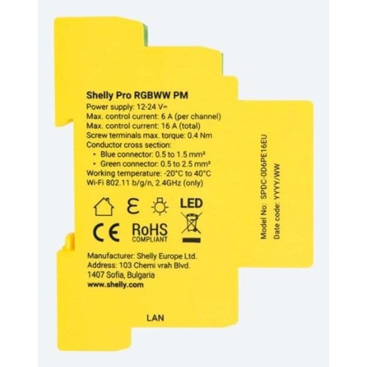 Relais Wi-Fi Shelly Pro RGBWW PM Bluetooth Contrôle de l’éclairage multicolore, Suivi de l’énergie, Encastrable DIN