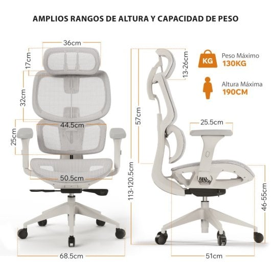 SENSE7 Nobu Silla de Escritorio Ergonómico Ajustable Transpirable  Blanco/Gris claro