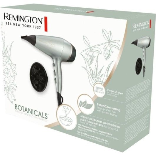 Professioneller Ionen Föhn Remington AC5860 Botanicals 2300W 3 Temperaturstufen 2 Geschwindigkeiten Diffusor Schwarz Silber