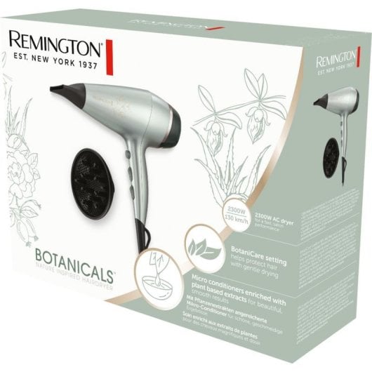 Professioneller Ionen Föhn Remington AC5860 Botanicals 2300W 3 Temperaturstufen 2 Geschwindigkeiten Diffusor Schwarz Silber