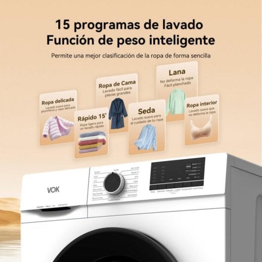 Lavadora carga frontal VOK 6Kg 1000 RPM Motor Inverter 15 programas Función Vapor