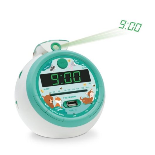 Radio despertador infantil digital proyector animales bosque 3 modos USB compacto