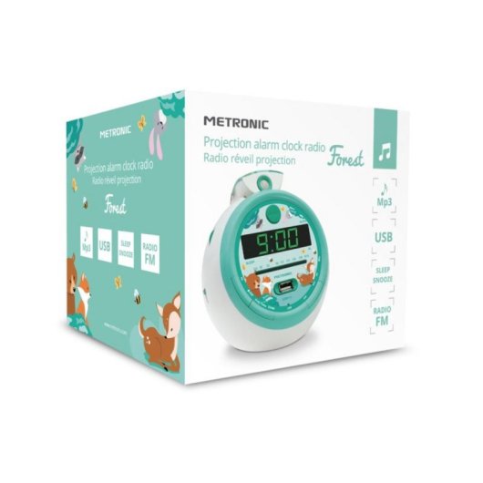 Radio despertador infantil digital proyector animales bosque 3 modos USB compacto