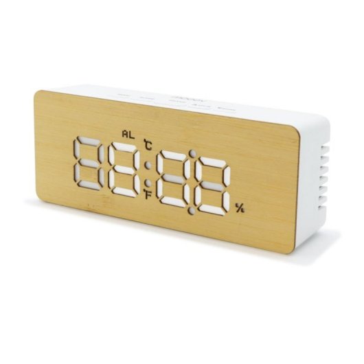 Despertador digital bambú con pantalla LED regulable, sensor temperatura y humedad, alimentación dual
