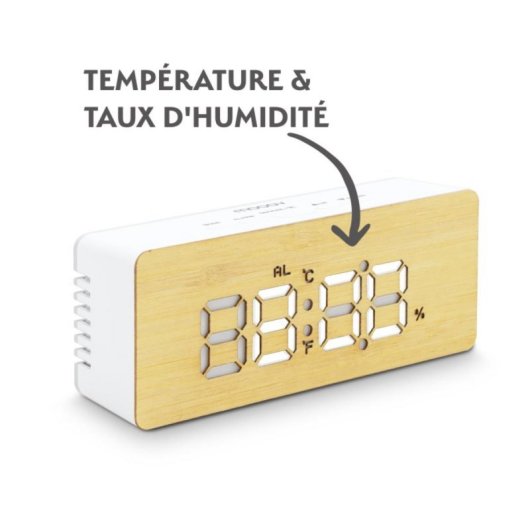 Despertador digital bambú con pantalla LED regulable, sensor temperatura y humedad, alimentación dual
