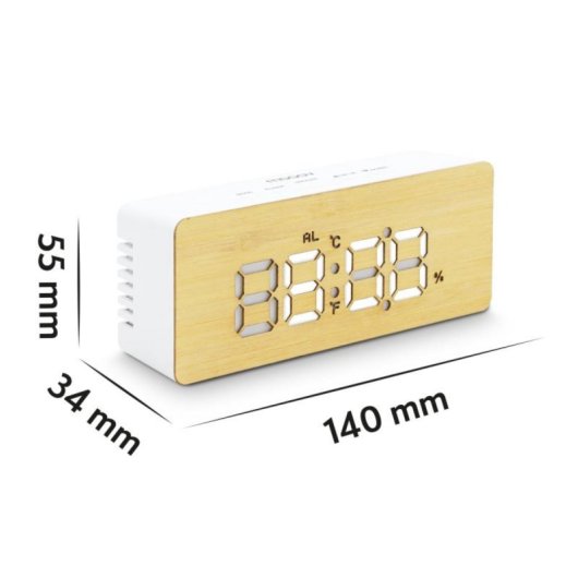 Despertador digital bambú con pantalla LED regulable, sensor temperatura y humedad, alimentación dual
