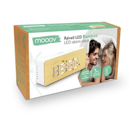Despertador digital bambú con pantalla LED regulable, sensor temperatura y humedad, alimentación dual