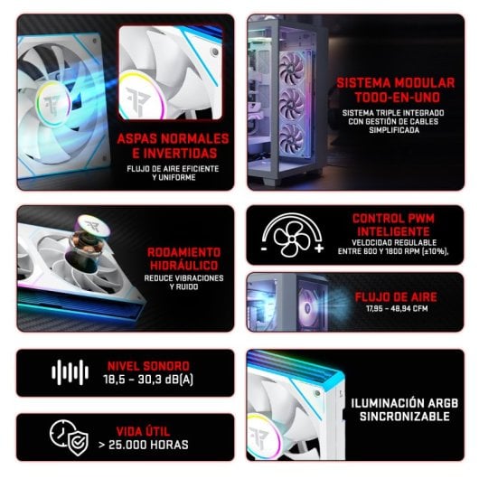 Tempest TX Pack 3x 120mm ARGB PWM Ventiladores Suplementarios Interconectables Blanco