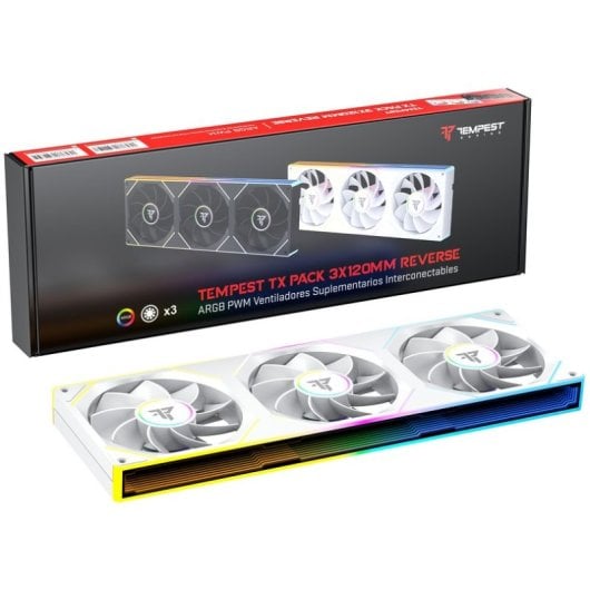 Tempest TX Pack 3x 120mm ARGB PWM Ventiladores Reversos Suplementarios Interconectables Blanco