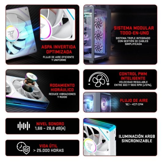 Tempest TX Pack 3x 120mm ARGB PWM Ventiladores Reversos Suplementarios Interconectables Blanco