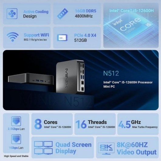 Mini PC Minix N512-1TB SSD Intel Core i5-12600H 16GB DDR5 1TB SSD WiFi 6 Windows 11 Pro