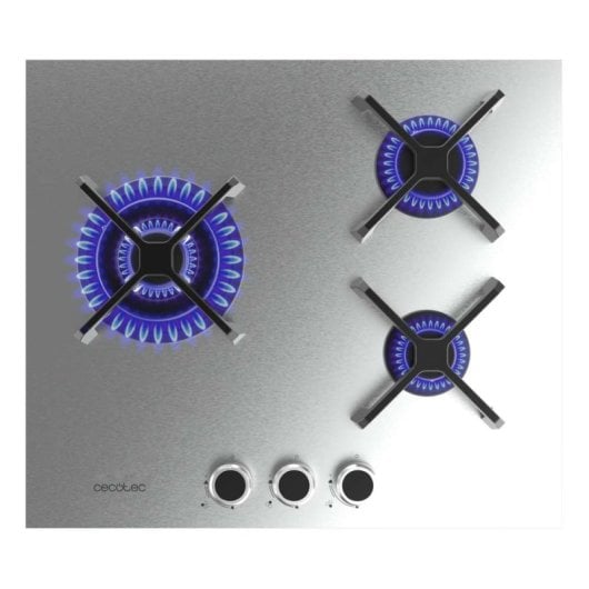 Placa de Gas 3 Fuegos 6,2kW Acero Inoxidable con Parrillas Hierro Fundido y Quemador WOK Triple Corona
